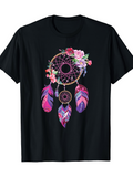 Men's T-Shirt Bohemian Dreamcatcher With Pink Flowers And Colorful Feathers Dreamcatcher