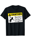 Men's T-Shirt Caution Bachelor Party In Progress Graphic With Silhouette On Black Tee