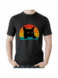 Men's T-Shirt Retro Sunset Stripes With Silhouette Cat And Bright Yellow Eyes Cat