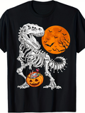 Men's T-Shirt Glowing Orange Moon With Bats And Pumpkin Beneath Dinosaur Skeleton