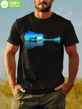 Men's T-Shirt Blue Lake Reflections With Sunlight Among Misty Pine Forest Guitar