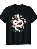 Men's T-Shirt Delicate Pink Flowers Surrounded By Green Foliage With Elegant White Snake