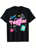 Men's T-Shirt Retro Neon Accents With Apple Notebook Pencil And Word Teacher