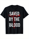 Men's T-Shirt Saved By The Blood Red Cross With Christ Silhouette On Black T Shirt
