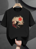 Men's T-Shirt Cherry Blossom Trees With Red Sun And Majestic Black Mountain Cat