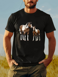 Men's T-Shirt Golden Meadow With Grazing Horses Under Bright Summer Sky