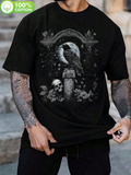 Men's T-Shirt Moonlit Gothic Arch With Crow Skull Flowers And Stone Gravestone