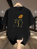 Men's T-Shirt Golden Sunlit Cat Silhouette With Blooming Vibrant Yellow Sunflower