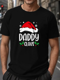 Men's T-Shirt Daddy Claus Festive Red Santa Hat With Holly Sprigs And Snowflakes