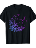 Men's T-Shirt Dreamy Night Sky With Cat Moon And Floral Leaves