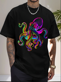 Men's T-Shirt Vivid Neon Swirls Underwater With Rainbow Luminous Octopus Design Octopus