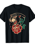 Men's T-Shirt Classic Rose And Fierce Panther Head With Vintage Tattoo Style Flower