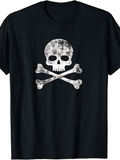 Men's T-Shirt Distressed White Skull With Crossed Bones On Black Tee