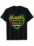 Men's T-Shirt Lucky To Be A Paraprofessional Surrounded By Green Clovers With Colorful School Supplies