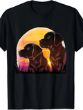 Men's T-Shirt Sunset Glow With Two Labrador Retrievers Silhouetted By Golden Horizon