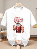 Women's T-Shirt Merry Christmas Festive Room With Strong Muscular Santa Claus