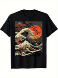 Men's T-Shirt Crimson Sun Setting Behind Towering Waves With Blossoming Tree