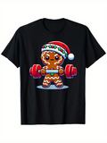 Men's T-Shirt Festive Gingerbread Man Lifting Weights In Holiday Santa Hat