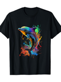 Men's T-Shirt Colorful Splashing Paint Among Flowing Abstract Waves Dolphin