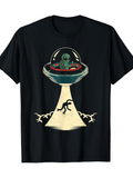 Men's T-Shirt Alien Abduction Beam With UFO Hovering Over Running Human