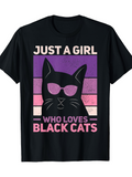 Men's T-Shirt Just A Girl With Retro Striped Background Featuring Sunglasses Black Cat