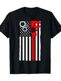 Men's T-Shirt Industrial Gears And Large Red Tool Among Striped American Flag Design Wrench