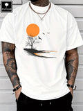 Men's T-Shirt Minimalist Landscape With Bare Trees Flying Birds And Orange Sun