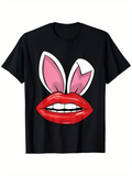 Men's T-Shirt Playful Red Lips With Cartoon Bunny Ears Graphic Design T Shirt