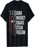 Men's T-Shirt Guns Whiskey Cigars Steak Freedom With Rifle And American Flag Elements