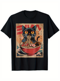 Men's T-Shirt Cute Black Cat Slurping Hot Noodles In Steaming Ramen Bowl