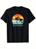 Men's T-Shirt Alaska Retro Sunburst With Snow Mountains And Vintage Style Panel