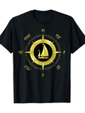 Men's T-Shirt Golden Compass Rose With Sailing Boat Surrounded By Nautical Wind Directions