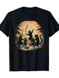 Men's T-Shirt Evening Forest Shadows With Dancing Cats Around Glowing Campfire