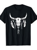 Men's T-Shirt Traditional Native Skull With Autumn Feathers Hanging From Animal Head