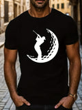 Men's T-Shirt Swinging Golfer Silhouette On Crescent Moon With Modern Abstract Motif