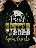 Women's T-Shirt Proud Sister Of A 2026 Graduate Shimmering Glitter Text With Graduation Cap Surrounded By Stars T Shirt
