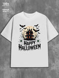 Men's T-Shirt Happy Halloween Bats Flying With Haunted Mansion At Twilight