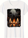 Men's T-Shirt Full Moon Midnight Campfire Surrounded By Trees With Friendly Ghost Figures