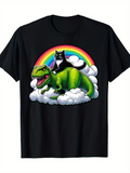 Men's T-Shirt Rainbow Clouds With Playful Cat Riding A Green Dinosaur