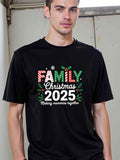 Men's T-Shirt Family Christmas 2025 Festive Candy Cane Lettering With Holly Leaves On Black Shirt