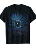 Men's T-Shirt Modern Cyber Circuit Pattern With Glowing Blue Electric Traces Chip