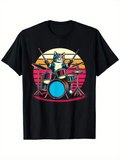 Men's T-Shirt Sunset Glow With Playful Cat Playing Colorful Drum Set