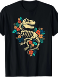 Men's T-Shirt Floral Pattern With Leaves Among Blooming Colorful Flowers Dinosaur Skeleton