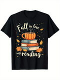 Men's T-Shirt Fall In Love With Autumn Leaves Pumpkins And Stacked Colorful Books