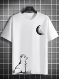 Men's T-Shirt Sketch Style Sitting Wolf Gazing At Crescent Moon In White TShirt