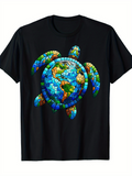 Men's T-Shirt Colorful Mosaic Pattern With Planet Earth Shining Inside Swimming Turtle