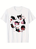 Women's T-Shirt Playful Black Cats Surrounded By Floating Red Hearts And Whimsical Accents Cats