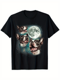 Men's T-Shirt Shining Moon Among Floating Stars And Playful Lively Bulldog Faces