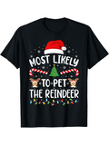 Men's T-Shirt Most Likely To Pet The Reindeer With Santa Hat Candy Canes Christmas Lights Reindeer Faces Tree