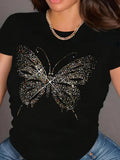 Women's T-Shirt Glittering Crystal Pattern With Sparkling Stars Forming Butterfly Wings Butterfly